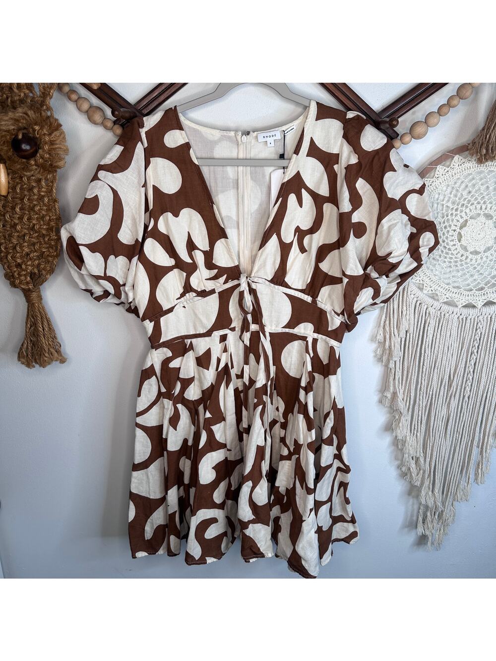 NEW Rhode Madeline Free Spirit Brown Pattern Puff Sleeve Dress